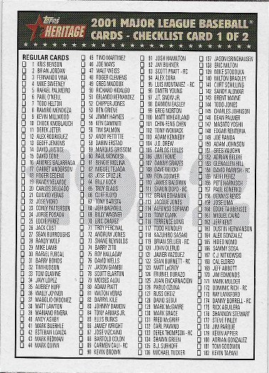 2001 Topps Heritage Checklists #1 Checklist 1 of 2