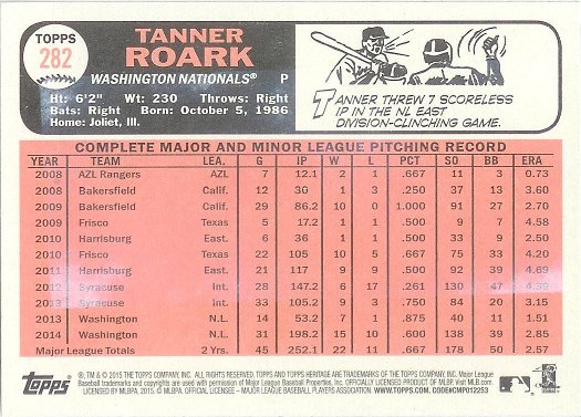 2015 Topps Heritage Gum Stain 282 Tanner Roark